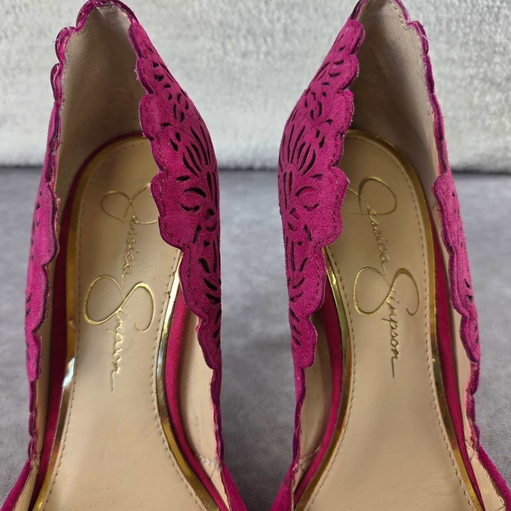 Jessica Simpson Magenta Pink Suede Laser Cut Scalloped Pointed Toe Heels 7M - Picture 6 of 9